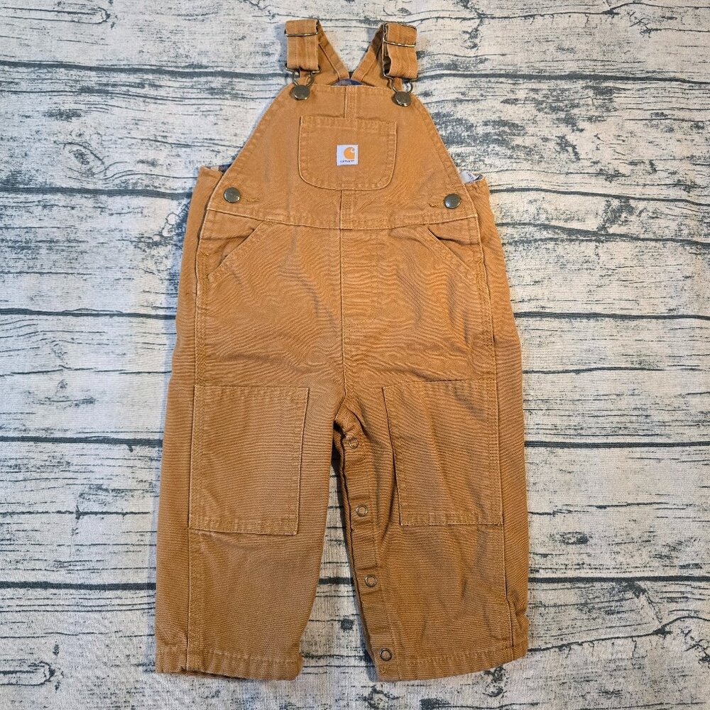 Carhartt Baby Bib Overalls Double Knee Size 12 Months Duck Brown Snap Closure